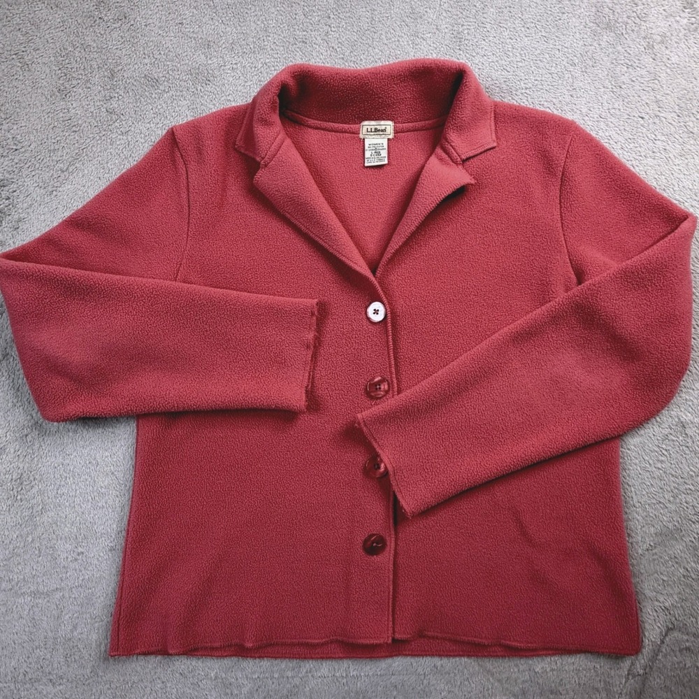 LL Bean Womens Coral Pink Fleece Button‎ Front Cardigan Jacket Large L-REG 0CXS2